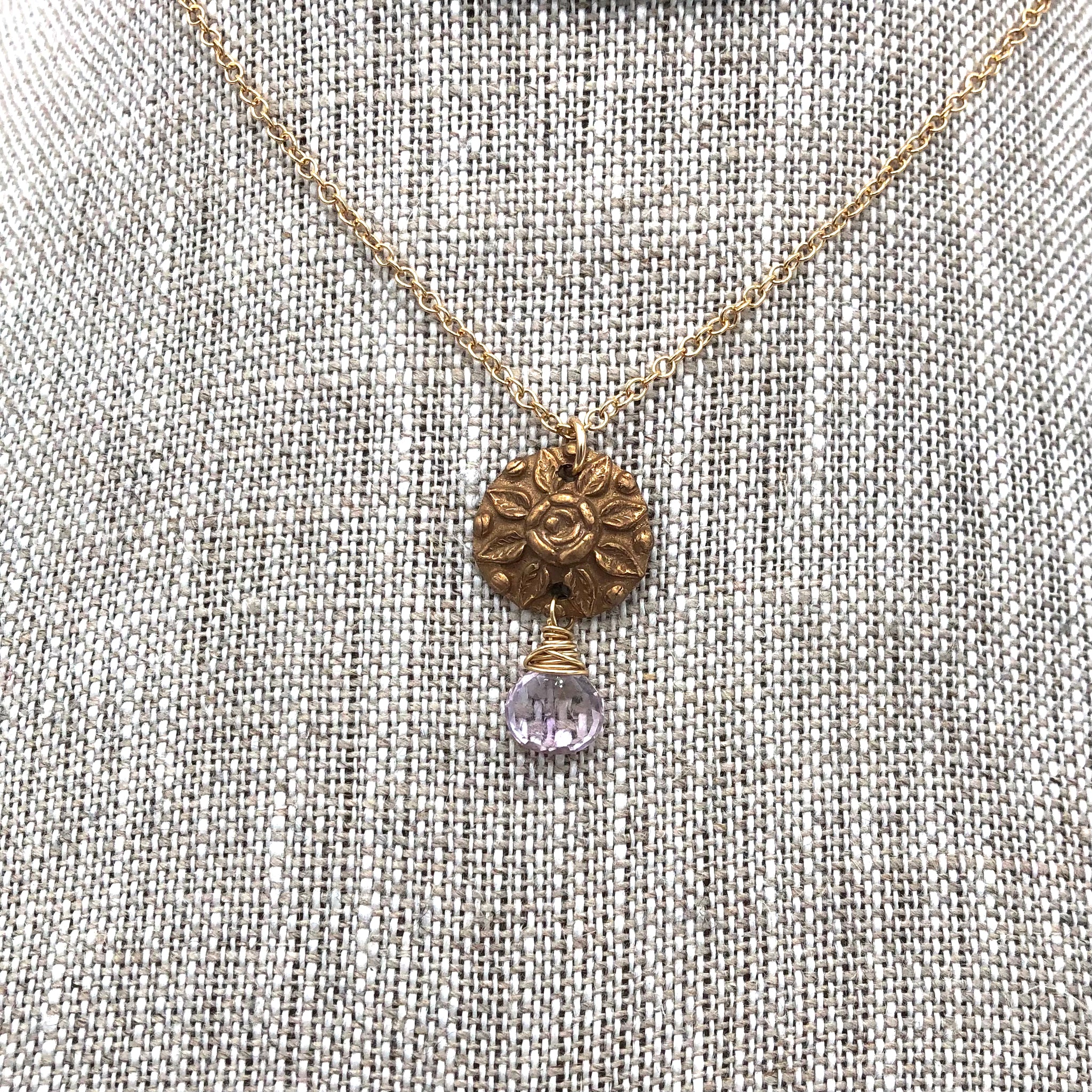 Angel Mercer - Necklace - Delicate Gold Chain (Vintage Button Pendant with Light Amethyst Gemstone)