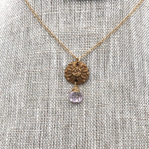 Angel Mercer - Necklace - Delicate Gold Chain (Vintage Button Pendant with Light Amethyst Gemstone)