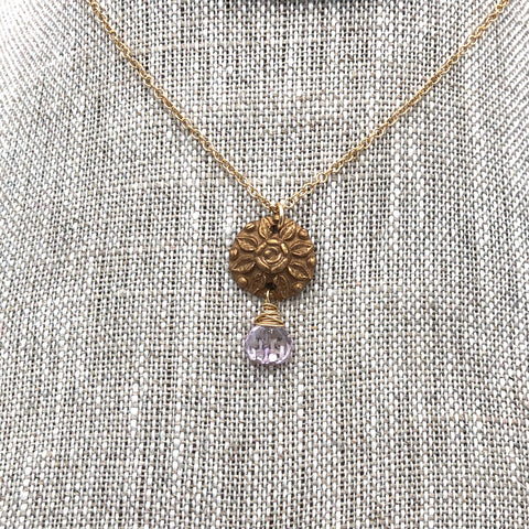 Angel Mercer - Necklace - Delicate Gold Chain (Vintage Button Pendant with Light Amethyst Gemstone)