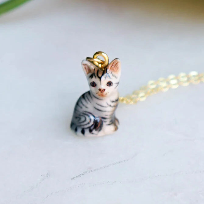 Peter + June - Necklace - Hand-Painted Porcelain Pendant ('Sooki' Grey Cat)