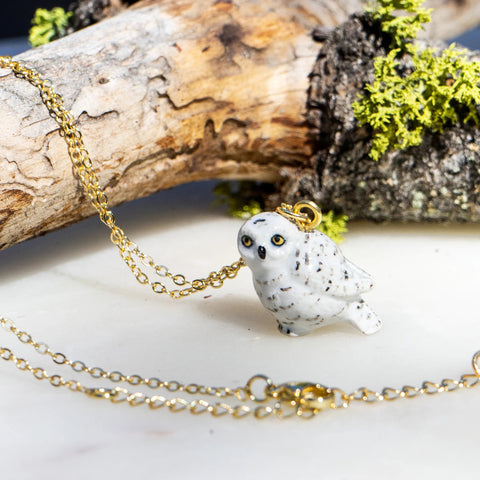 Peter + June - Necklace - Hand-Painted Porcelain Pendant (Snowy Owl)