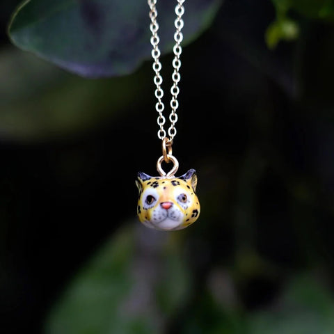 Peter + June - Necklace - Hand-Painted Porcelain Pendant (Leopard Head)