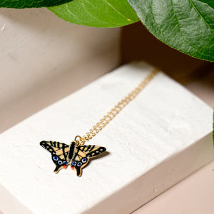 Peter + June - Necklace - Hand-Painted Porcelain Pendant (Yellow Butterfly)
