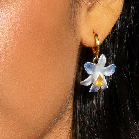 Peter + June - Earrings - 'Earth Angel' Hand-Painted Porcelain Orchids on Hoops (Violet)