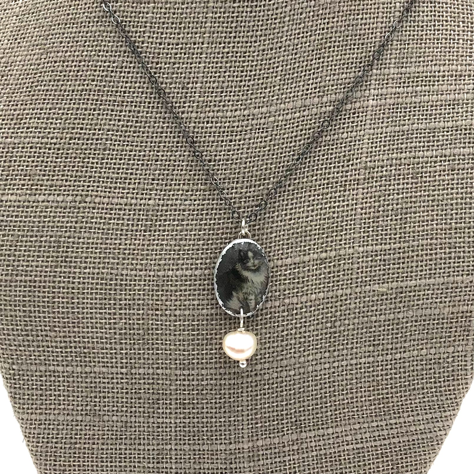 Folkloric Jewelry - Necklace - Pixie (Cats, Oxidized Sterling Silver, Pearl)