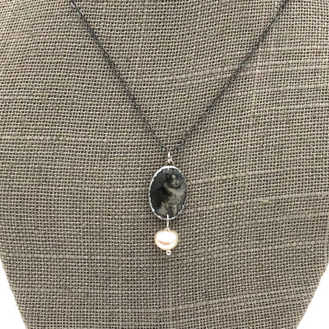 Folkloric Jewelry - Necklace - Pixie (Cats, Oxidized Sterling Silver, Pearl)