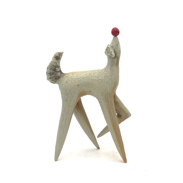 Cathy Broski - Wood-Fired Ceramic Sculpture - Dog at Play with Red Ball on Nose