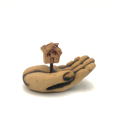 Cathy Broski - Ceramic Sculpture - Hand Holding Tan Cottage