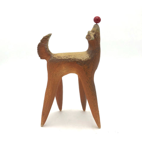 Cathy Broski - Wood-Fired Ceramic Sculpture - Dog at Play with Red Ball on Nose