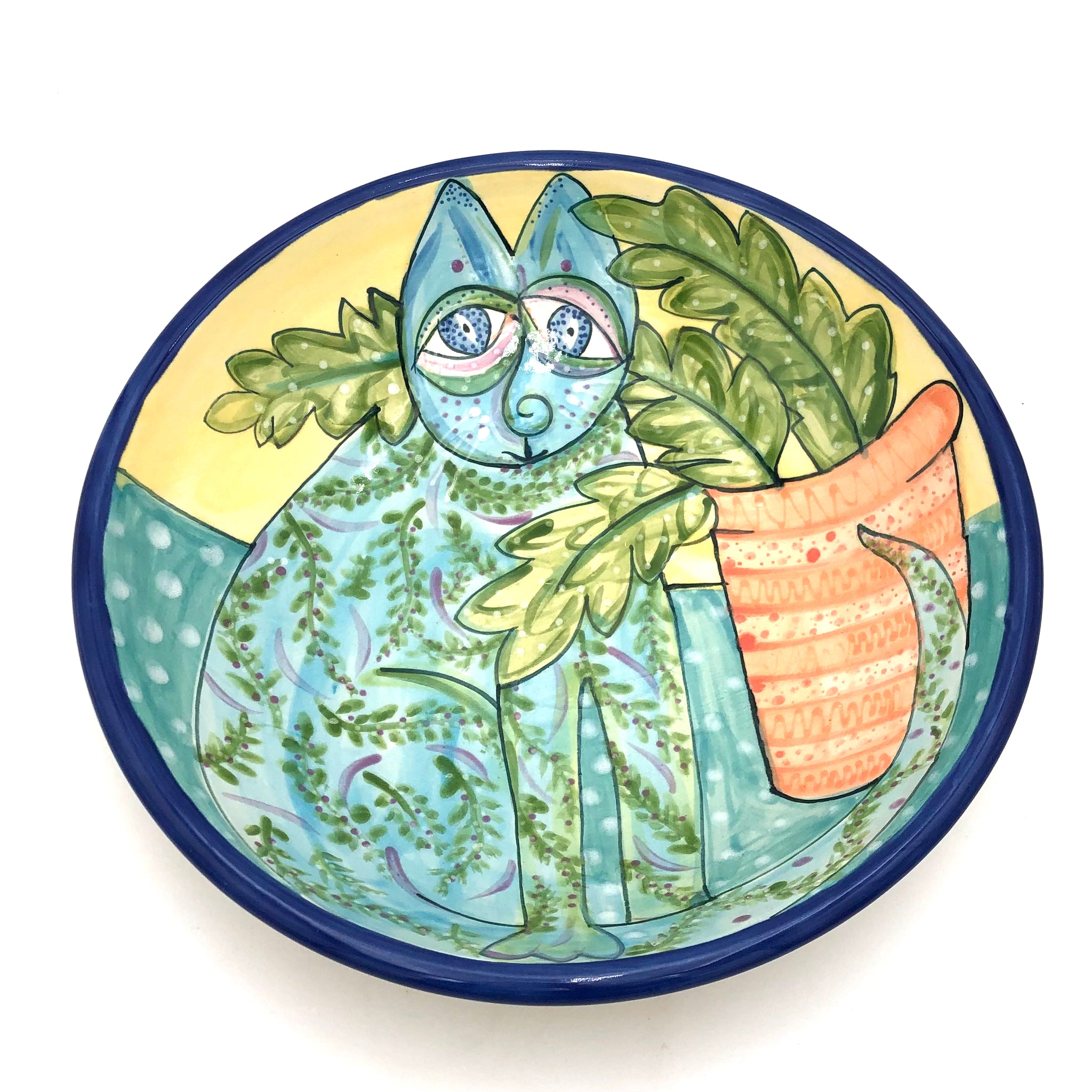 Susan & Peter Stark - Ceramic Serving Bowl - Large (Yellow, Painting of Cat)