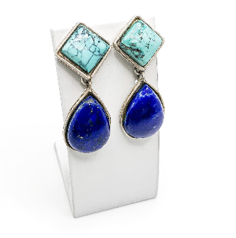 Dioica Jewelry Company - Earrings - VENUS - (Turquoise Square/Lapis Lazuli Teardrop)