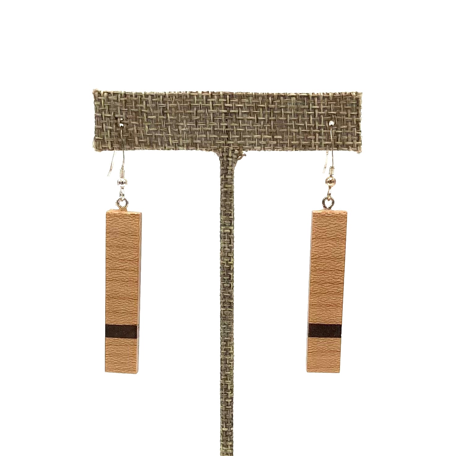 Young Fine Woodcraft - Shellacked Wood Earrings - Long Maple Bar (Walnut Inlay) #ED022