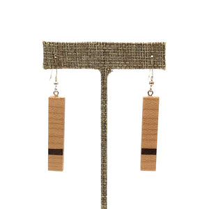 Young Fine Woodcraft - Shellacked Wood Earrings - Long Maple Bar (Walnut Inlay) #ED022