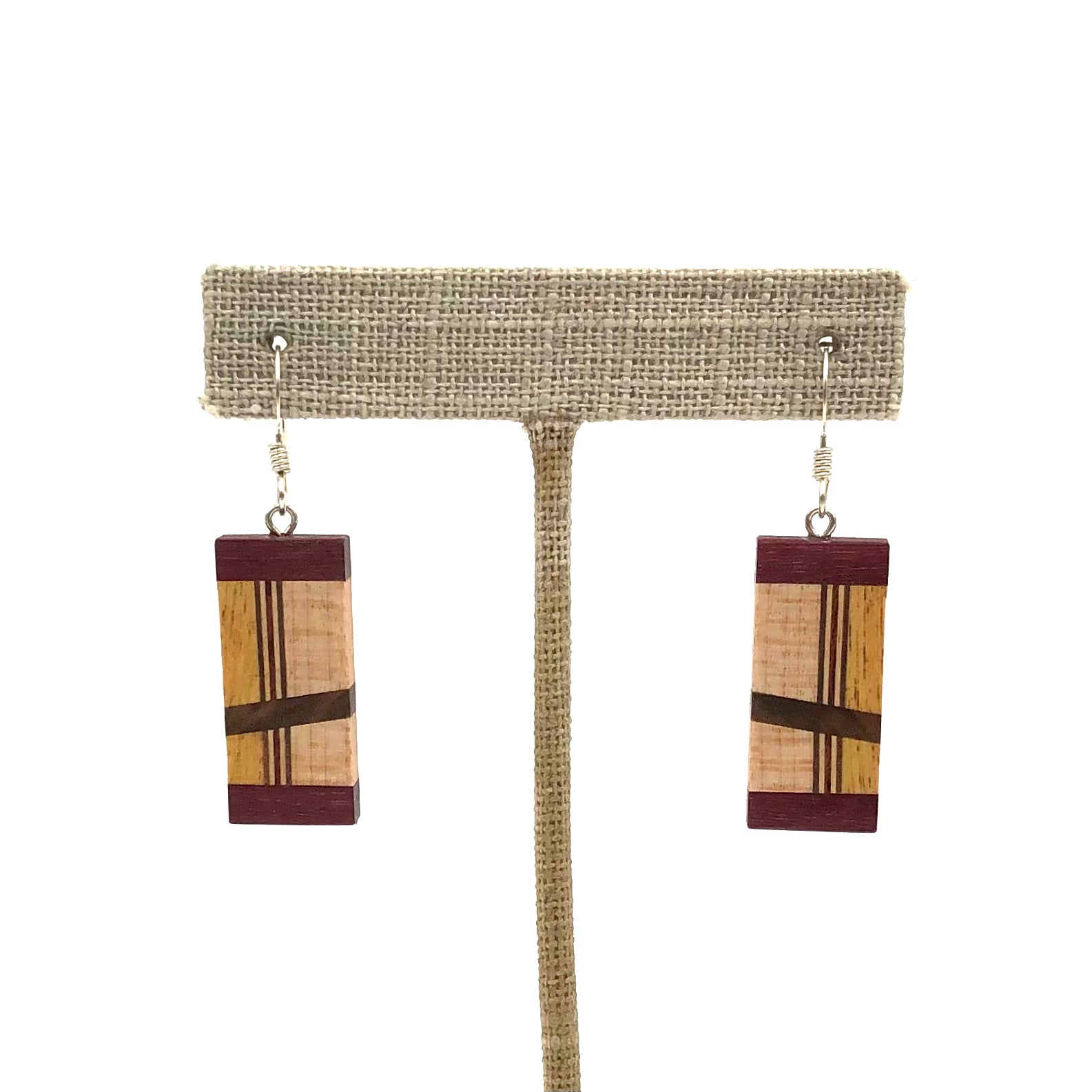 Young Fine Woodcraft - Shellacked Wood Earrings - Windowpane (Walnut, Padauk, Yellowheart, Purpleheart) #ED313