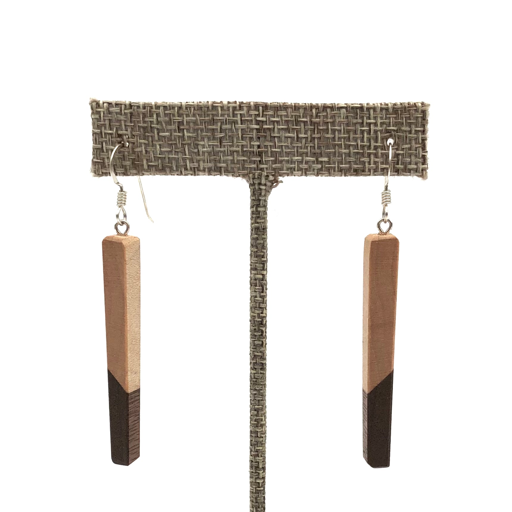 Young Fine Woodcraft - Shellacked Wood Earrings - Long Bar (Maple with Walnut Diagonal) #ED322