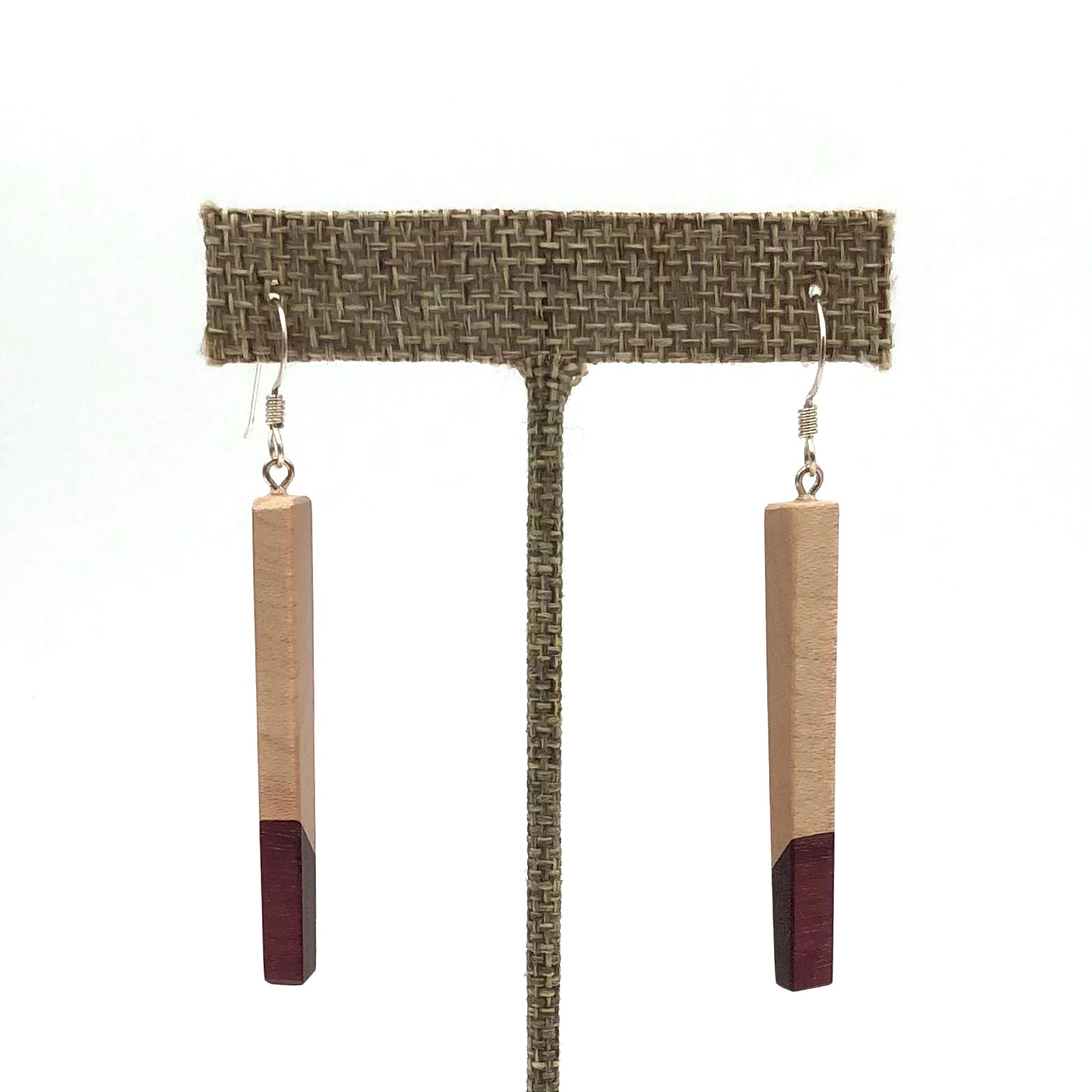 Young Fine Woodcraft - Shellacked Wood Earrings - Long Bar (Maple with Purpleheart Tips) #ED404