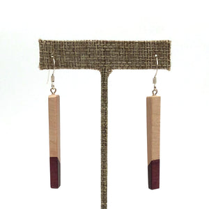 Young Fine Woodcraft - Shellacked Wood Earrings - Long Bar (Maple with Purpleheart Tips) #ED404