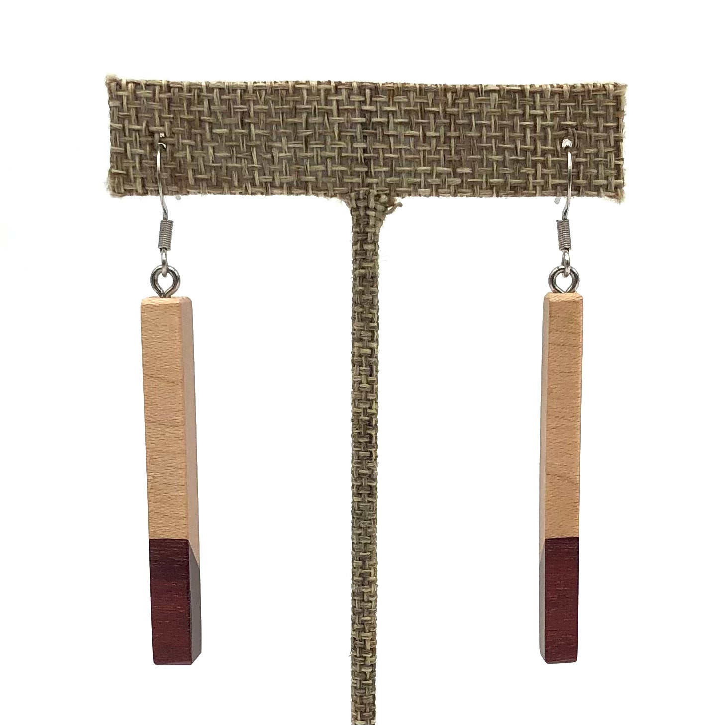 Young Fine Woodcraft - Shellacked Wood Earrings - Asymmetric Bars (Maple, Purpleheart Tips) #ED605-Stl