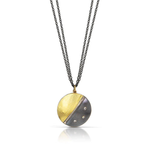 Jacob Keleher Jewelry - Necklace - Oxidized Silver Domed Disk (Inset Diamonds)