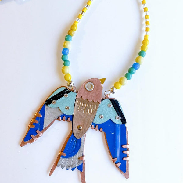 Amuck Design - Necklace - Blue Bird (Copper, Bronze, African Trade Beads)