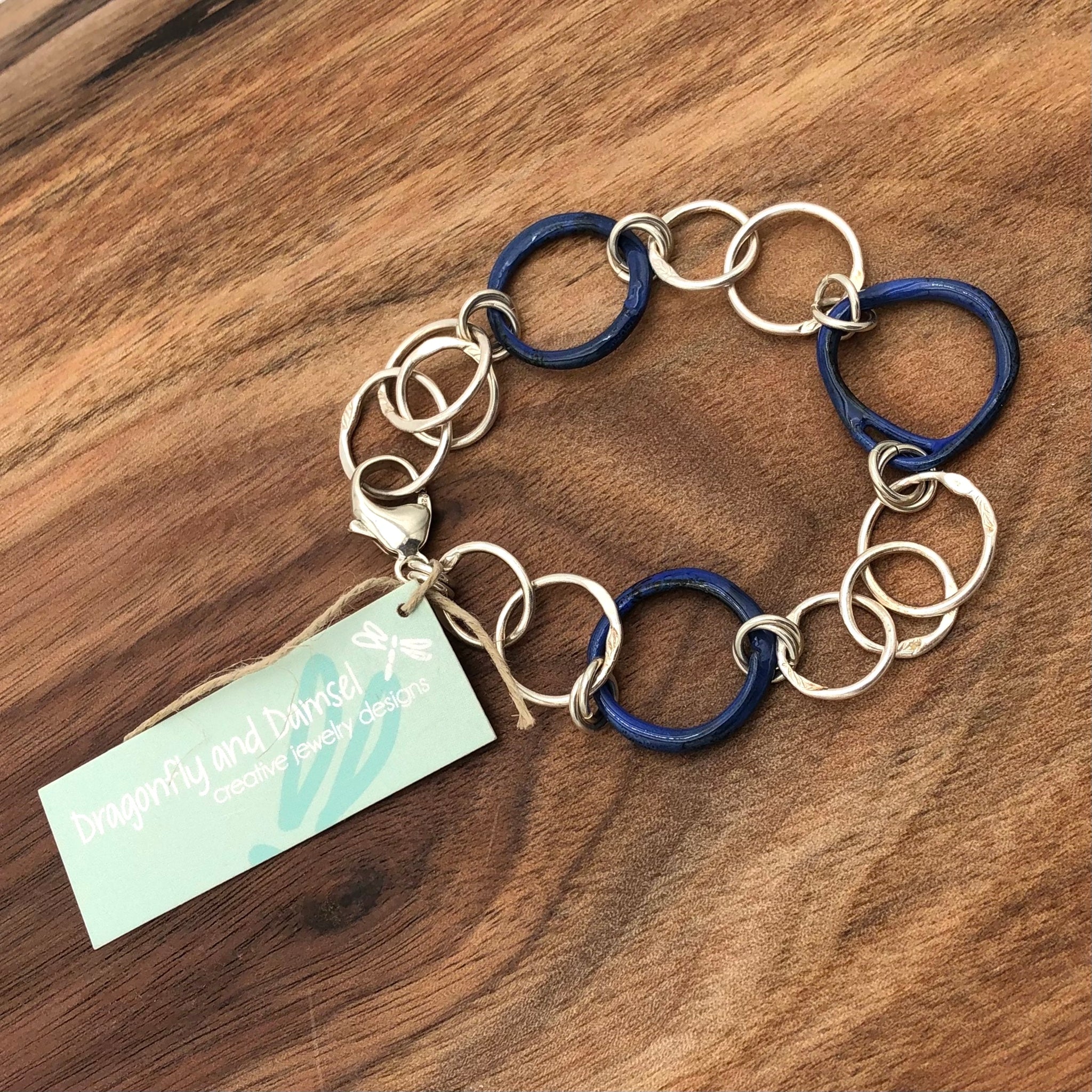 Dragonfly and Damsel Jewelry - Bracelet - Sterling Silver with Yacht Blue Enamel Loops