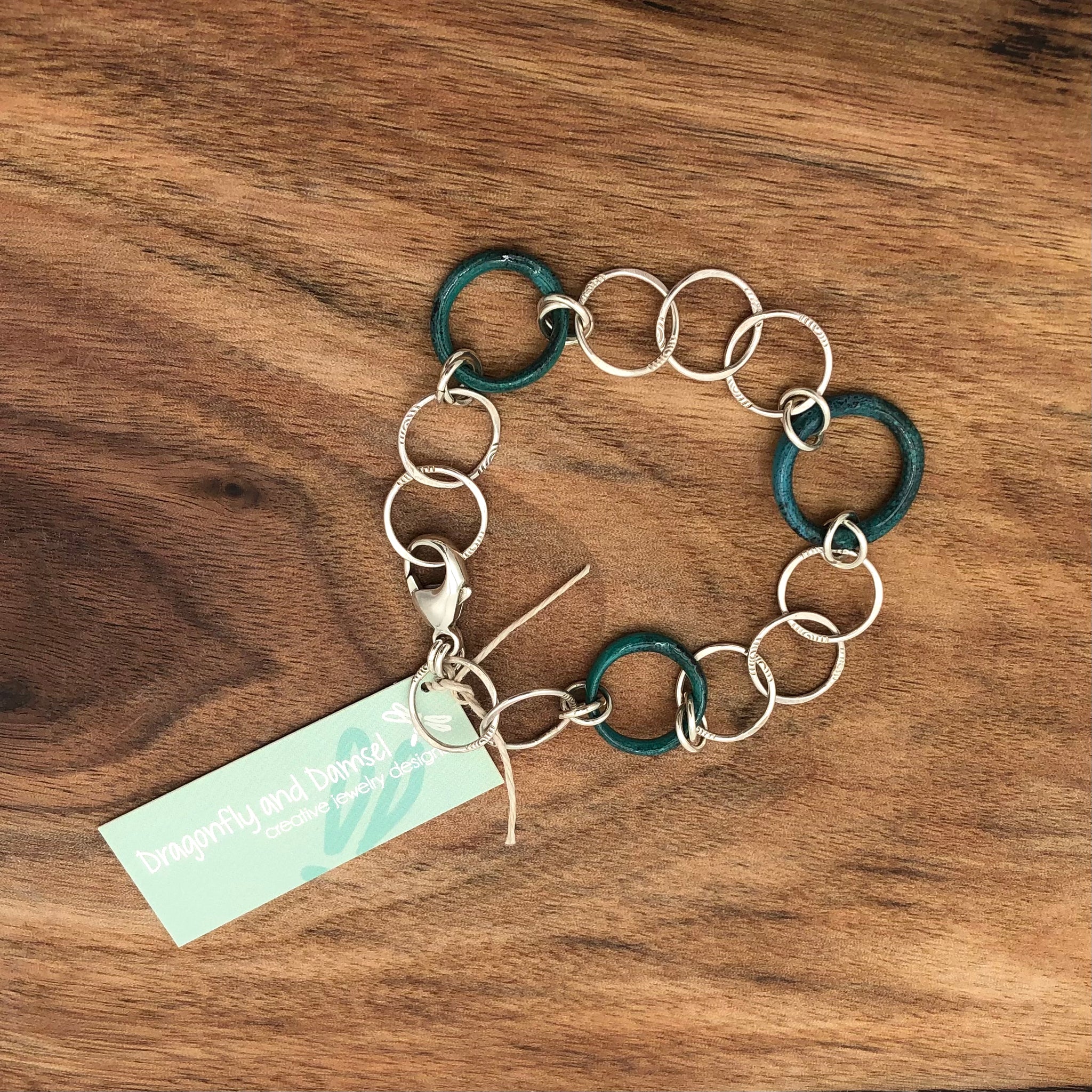 Dragonfly and Damsel Jewelry - Bracelet - Sterling Silver with Teal Enamel Loops