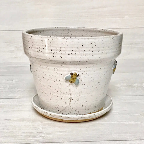 Bari Moss Ceramics - Flower Pot with Bees (Glazed White) #FG01-w