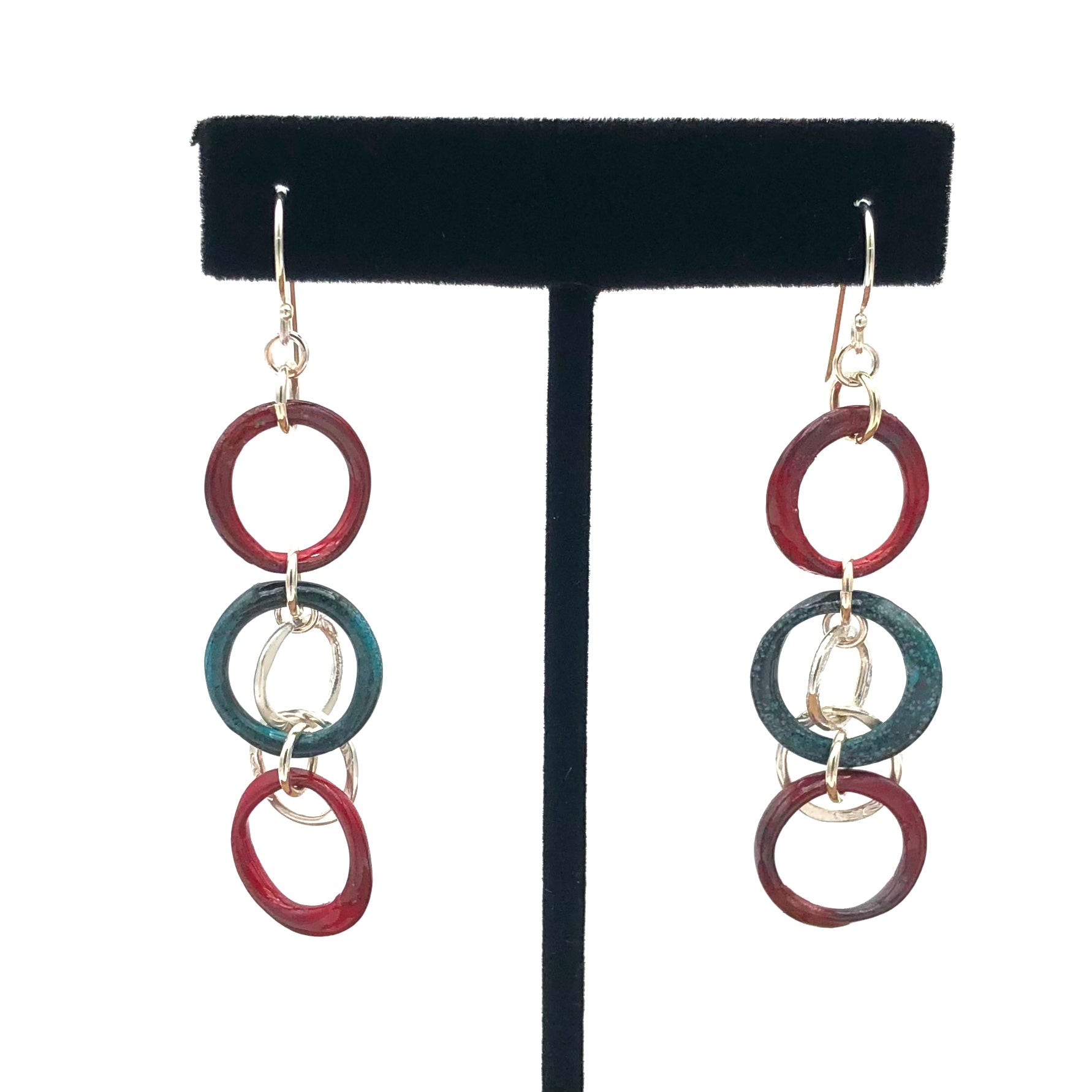 Dragonfly and Damsel Jewelry - Earrings - Sterling Silver & Red and Teal Enamel Triple Loops