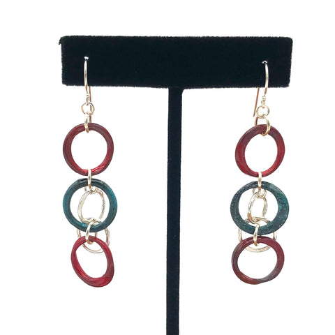 Dragonfly and Damsel Jewelry - Earrings - Sterling Silver & Red and Teal Enamel Triple Loops