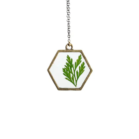 With Roots - Necklace - EcoResin Pendant - The Hexagon (Gold, Fern)