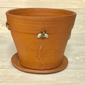 Bari Moss Ceramics - Flower Pot with Bees (Unglazed Red Clay) #FG01-r