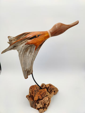 Rarebirds - Wooden Sculpture - 15"x 18" Flying Duck with Base