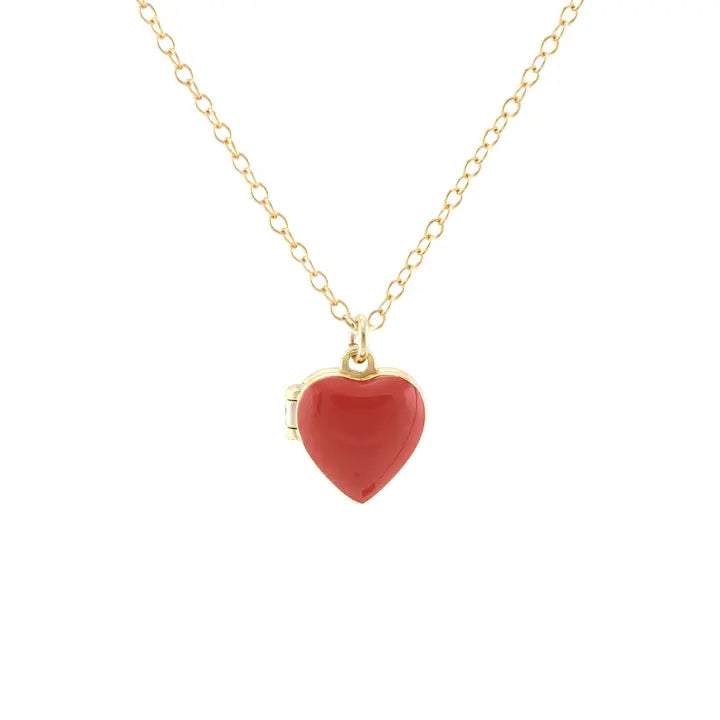 Kris Nations - Necklace - Enamel Heart Locket (Coral Red, Gold) #N743-G-RED