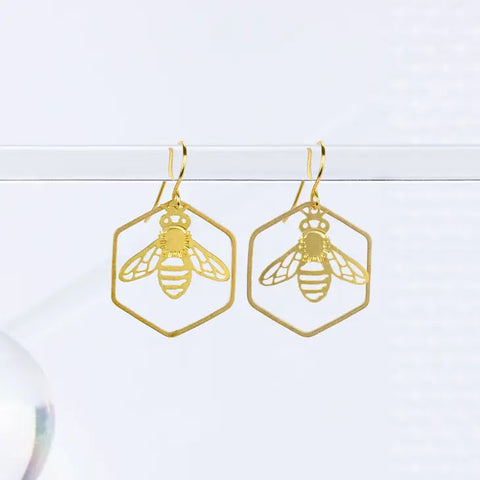 A Tea Leaf - Earrings - Honeybee & Hexagon (Gold) #ATL-E-252-H