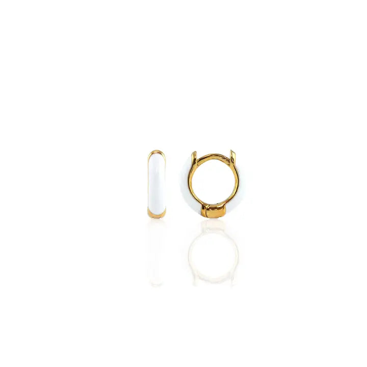 Kris Nations - Earrings - Enamel Huggie Hoop (White, Gold) #E796-G-WHT