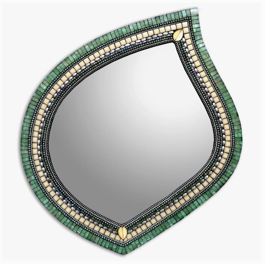 Zetamari Mosaic Artworks - 16"x18" Leaf Mirror (Jade Cream)