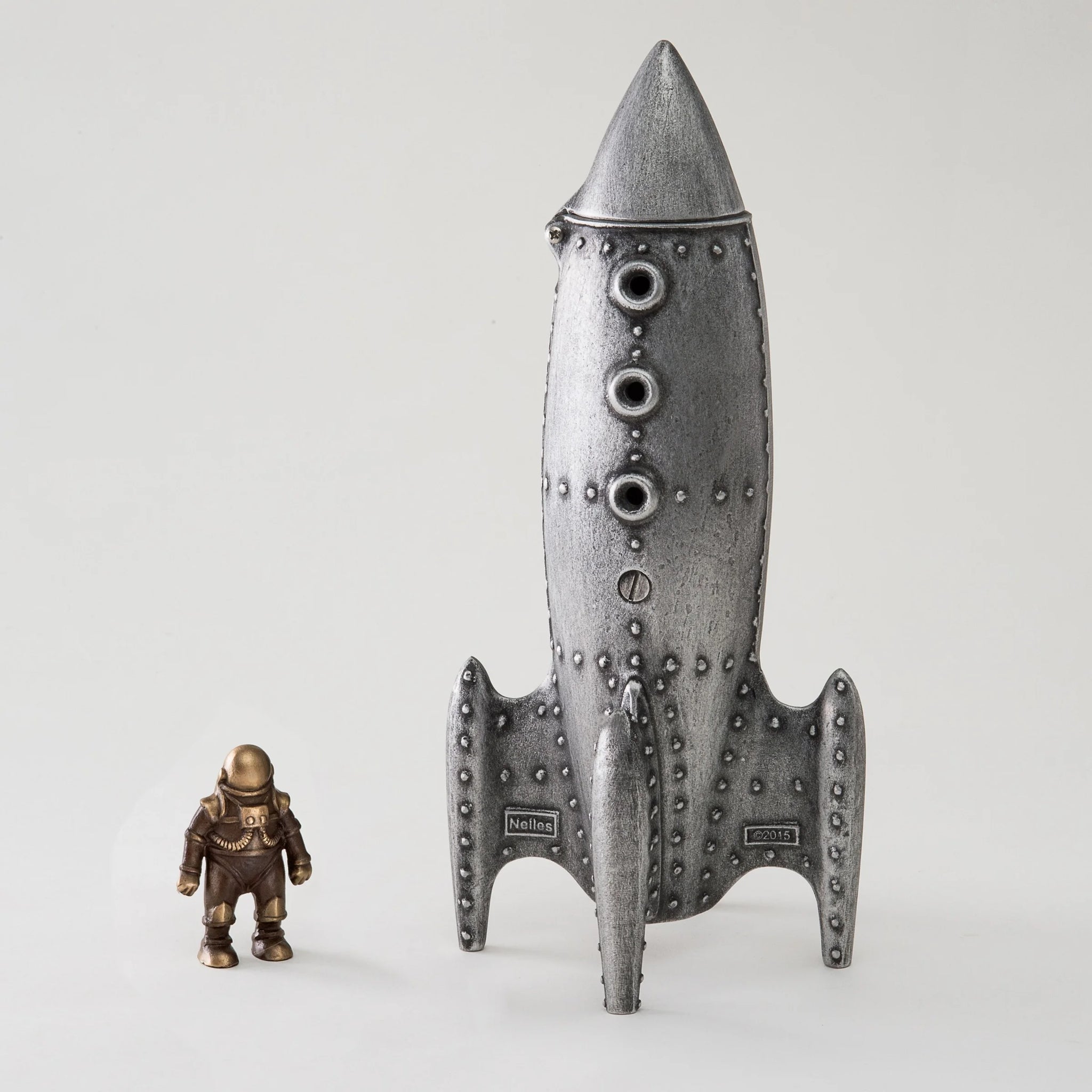 Nelles Studios - Cast Bronze Sculpture - Moon Rocket Coin Bank with Spaceman #924