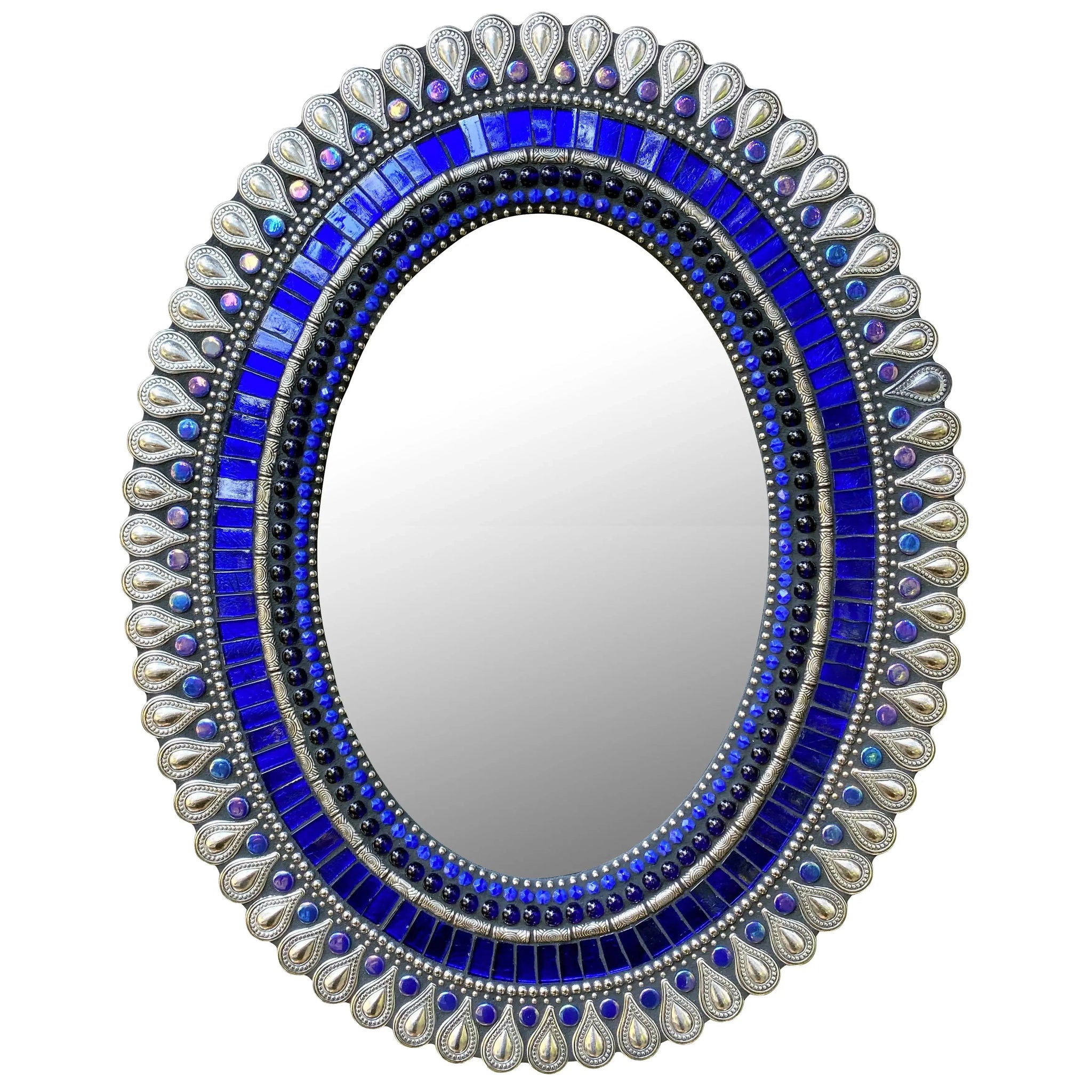 Zetamari Mosaic Artworks - 12"x15" Oval Mirror (Silver Cobalt Drop)