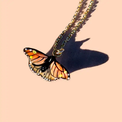Peter and June - Necklace - Hand Painted Porcelain - Tiny Butterfly (Monarch)