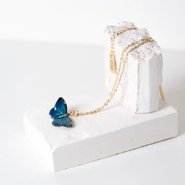 Peter + June - Necklace - Hand-Painted Porcelain Pendant (Sky Blue Butterfly)