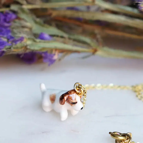 Peter and June - Necklace - Hand Painted Porcelain - Tiny Jack Russel Puppy