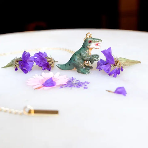 Peter and June - Necklace - Hand Painted Porcelain - Tiny T-Rex