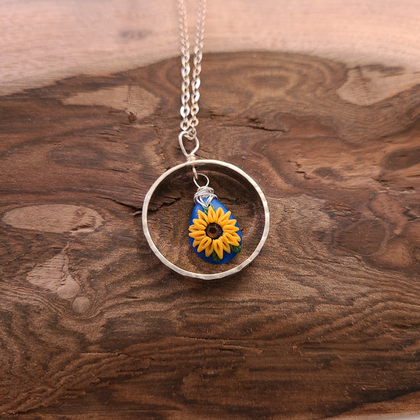 Duris - Necklace - Sterling Silver Circle w/ Clay Sunflower