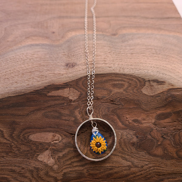 Duris - Necklace - Sterling Silver Circle w/ Clay Sunflower