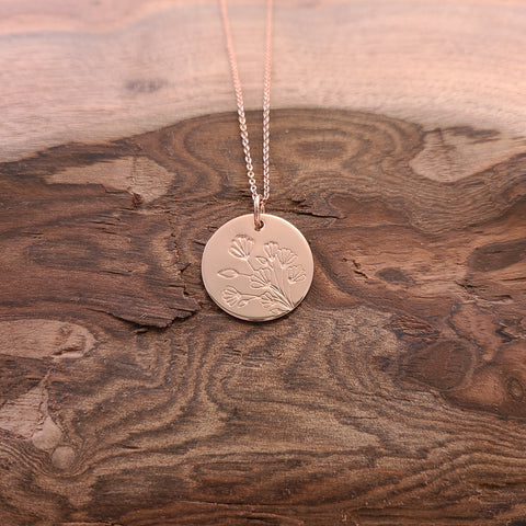 Duris - Necklace - Round Charm w/ Art Deco Floral Stamp on a Rose Gold Chain