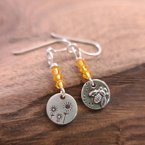 Duris - Earrings - Bee and Flowers Stamped Round Silver Charms w/ Yellow Beads