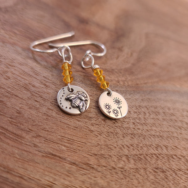 Duris - Earrings - Bee and Flowers Stamped Round Silver Charms w/ Yellow Beads