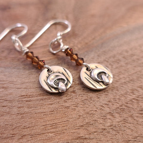 Duris - Earrings - Mushroom Stamped Round Silver Charms w/ Brown Beads