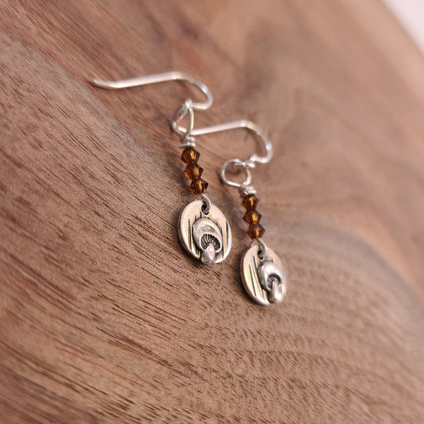 Duris - Earrings - Mushroom Stamped Round Silver Charms w/ Brown Beads