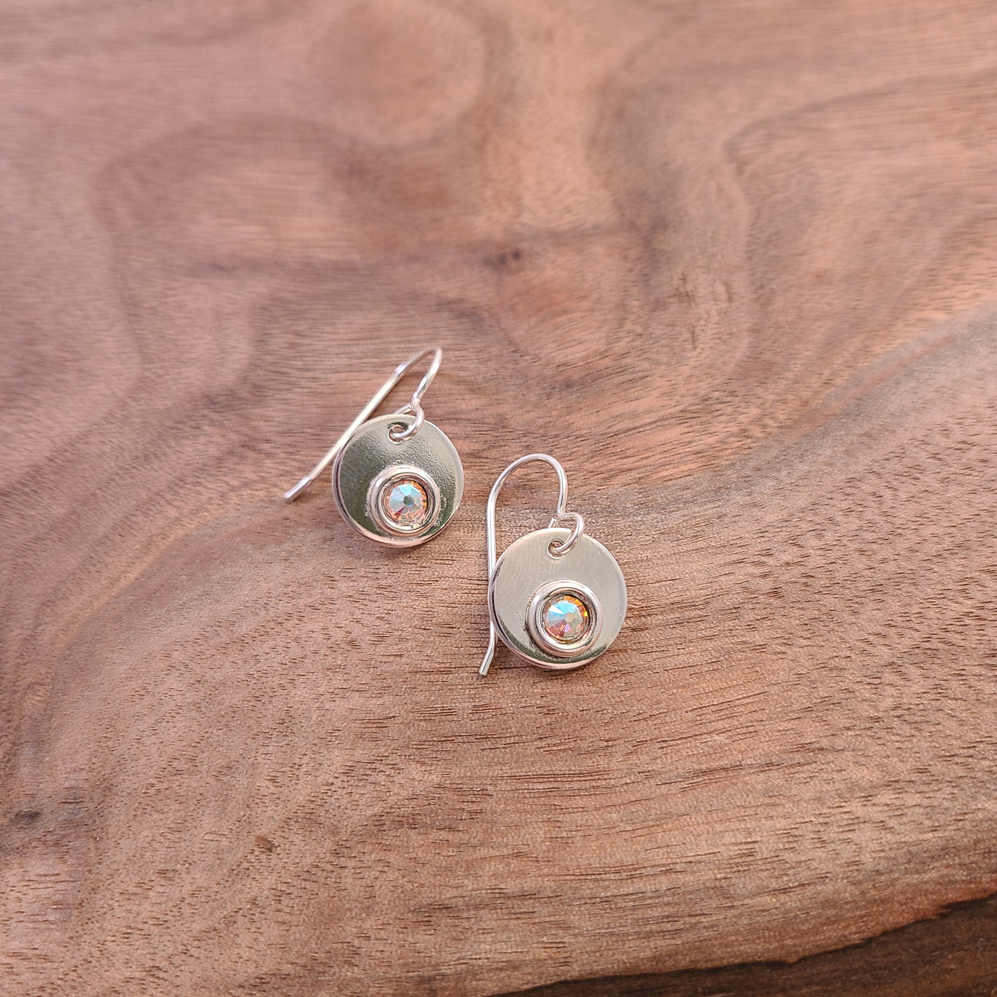 Duris - Earrings - Stamped Round  Silver Charms w/ Swarovski Crystal